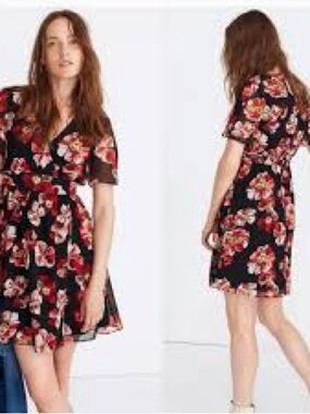Madewell Black Floral Wrap Mini Dress with Red & Pink Blooms
